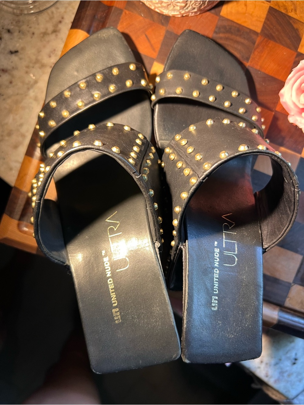 high style, United Nude Black w/ Gold Studs Two-Strap Heels - Picture 3 of 10
